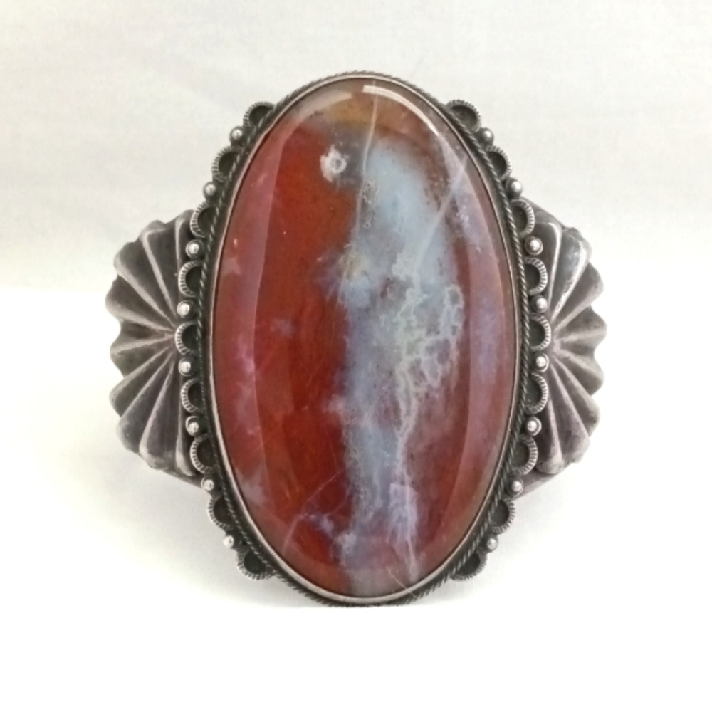 Native American Large Petrified Wood Sterling Silver Cuff Bracelet